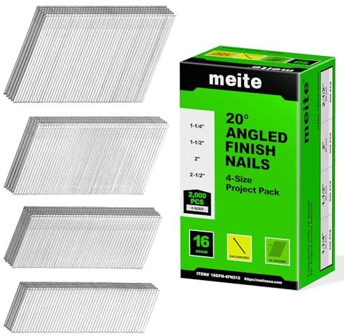 meite Set Multitamaño de Clavos de Acabado 16GA, 2.000 uds., Angulados 20° Galvanizados para Clavadora Neumática o Inalámbrica, para Molduras y Armarios, 64/50/38/32 mm