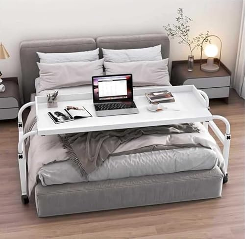 Über-Betttisch auf 4 Rollen, Mobiler Schreibtisch Pflegetisch Höhenverstellbar 65-95CM/Breitenverstellbar 115-210CM Overbed Table Mobiler Schreibtisch Pflegetisch Laptoptisch,N(Color:Weiß)