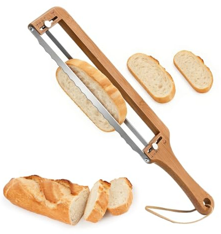 Btstil Affettatrice per pane fatto in casa, coltello da pane regolabile in legno con guida di spessore, taglierina manuale per pane fatto in casa, pasta madre, bagel e baguette, uso ambidestro