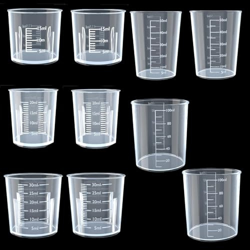 10Pcs Plastic Liquid Measuring Pots, Clear Kitchen Medicine Cups | 15ml/20ml/30ml/50ml/100ml Transparent Labs Graduated, Beakers Baking Cooking Home, Lab Measure Tool