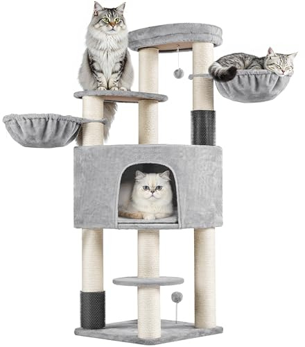 Yaheetech Árbol para Gatos de 160cm,Torre para Gatos Grande, Gris/Beige | 56cm Cueva de Abanico, 9 Postes Sisal Gruesos de 11cm, Base Estable de 55cm, 2 Cepillos Rodillos, Cojín Lavable, Soporta 25kg