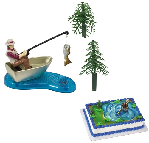 DecoPac Fisherman Cake Topper Set, 4 Piece | Reusable Food-Safe Plastic, Magnetised Action Fish, Includes Boat & Two Trees