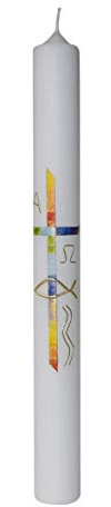 Taufkerze mit Wachsmotiv Kreuz, Fisch, Bunt, Gold 400 x 40mm