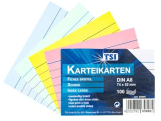 TSI Karteikarten bunt sortiert, 100er Packung, liniert, Größe: DIN A8 (74 x 52 mm), Art. Nr. 65898