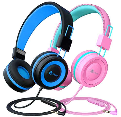 iClever Kinder Kopfhörer 2 Pack, Kabelgebundene Kopfhörer für Kinder mit MIC, Lautstärkeregelung einstellbare Stirnband, Faltbar auf Ohr Kopfhörer für Schule Flugzeug