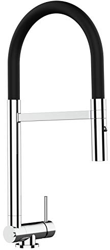 Unterfenster Wasserhahn Küchenmischer mit schwenkbarem Auslauf und abnehmbarer 2 strahl Handbrause - Gesamthöhe abgeschwenkt nur 45mm // Auslauf drehbar 360° - Schwarz