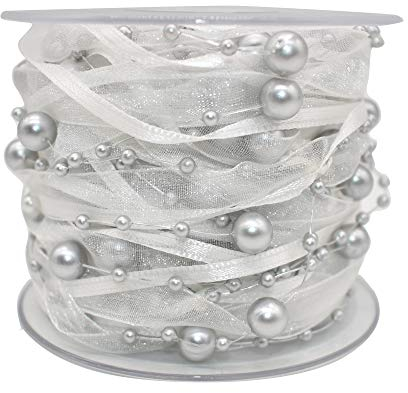 10 m künstliche Perlenband Chiffonband und Organza-Spitzenband für Hochzeit, Blume, Weihnachtsbaum, Dekoration, Nähen, Basteln, Verpackung, silberfarben