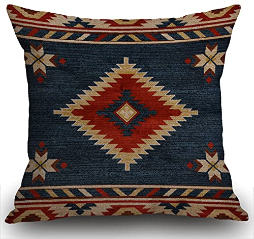 Smooffly Vintage Southwest American Cushion Cover,Cotton Linen Throw Pillow Case Square Standard Home Decorative Blue Red 18X18 Inch Pillowcase 45X45cm