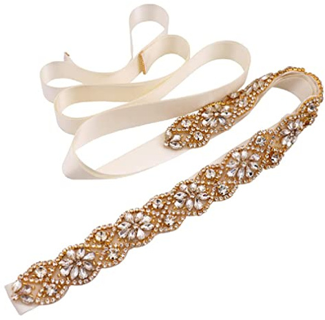 LEEMASING Cinturón de boda hecho a mano con diamantes de imitación con cinta para dama de honor, accesorios de vestir para mujer (Oro)
