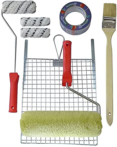 ROTIX Pittura facciata con rulli e pennelli, rullo per facciate con griglia di spogliatoio, rulli piccoli per piccole superfici, pennello per radiatore, nastro adesivo, set da 9 pezzi