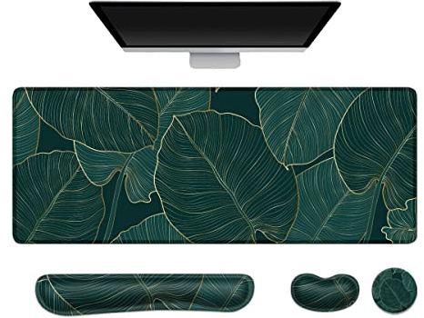 Keyboard Mouse Pad Set, Extended Gaming Mouse Pad + Keyboard Wrist Rest Support, Memory Foam for Easy Typing Pain Relief, 3Pcs Ergonomic XXL (31.5 x 11.81in) Ultra Thick Desk Mat,Green Golden Leaves