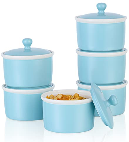 240ml Soufflé Förmchen Porzellan mit Deckel, Candiicap 6er Set Auflaufform zum Backen, Pudding, Crème Brûlée, Dip zum Servieren, Ofen-, Mikrowellen- und Spülmaschinenfest (240ml,Matt Blau)