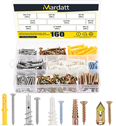 Mardatt 180-teiliges selbstbohrendes Trockenbaudübel mit Schrauben-Set, inkl. robusten gerippten Dübeln und flachen und runden Kopf, selbstschneidende Schrauben, Wandanker für Beton, Hohlwand, Putz