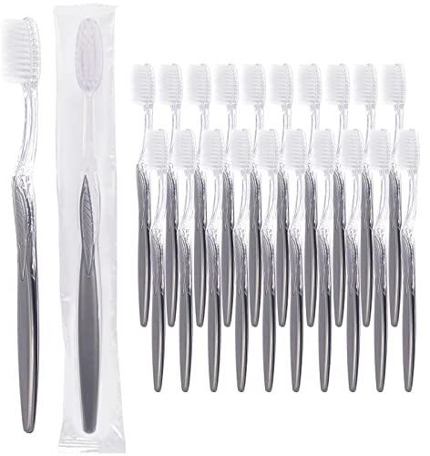 Grey Handle Toothbrush, Bulk Disposable Toothbrushes Individually Packaged for Travel, Hotel (20)