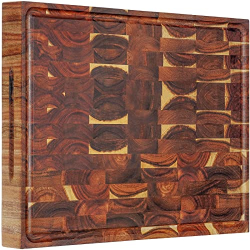 AZRHOM Extra Large Thick Acacia Wood End Grain Cutting Board 20x15x2 In, Wooden Butcher Block, Chopping Board For Kitchen with Juice Groove Handles Non-Slip Pats (Gift Box)