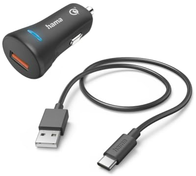 Hama Chargeur Rapide Voiture 19.5W (Chargeur Rapide Allume Cigare USB avec Câble de Charge USB-A vers USB-C 1.5m, Qualcomm Quick Charge 3.0, 19.5 W) Noir