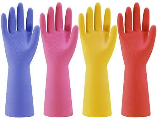 Bamllum Rubber Kitchen Dishwashing Gloves - 4 Pairs Colorful Reusable Household Cleaning Gloves for Washing Dishes and Cleaning Tasks, Flexible Long-lasting and Non-Slip (Large, Blue+Pink+Yellow+Red)