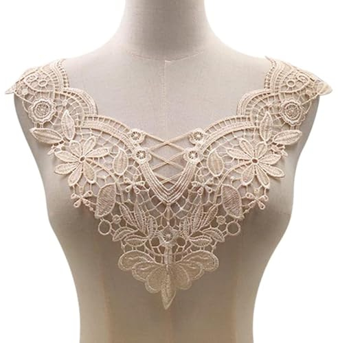 SYSUII Spitze Kragen Applikation,3D Stickerei Spitze Applikation Blumen Spitze Patch Spitzemotiv Applique Patches Einsatzkragen Lace Trim für Kleid DIY Ausschnitt Brautkleid Kleidung，Beige