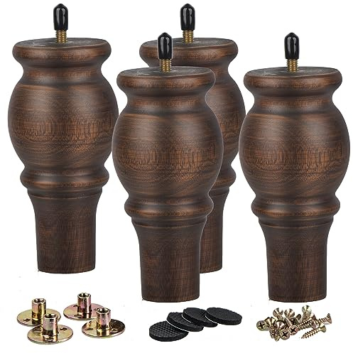 La Vane Gambe per mobili in legno da 15,2 cm, 4 pezzi in legno massiccio tornito, piedini di ricambio per chignon con bullone pre-forato M8 pollici e piastra di montaggio per divano, armadio, ottomano