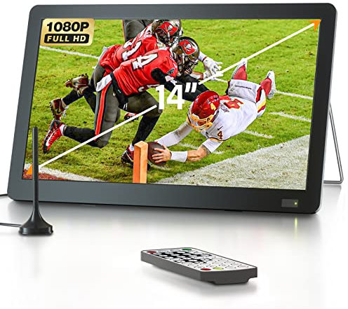 Desobry 14 inch Portable TV with Antenna 1080P freeview outdoor tv with DVB/T2 Tuner Rechargeable Battery Operated Mini TV LCD,Built-in Stand,HDMI Input,USB,AV