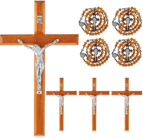 Leinuosen 4 Set Handmade Crucifix Wall Cross and Wooden Rosary Beads Jesus Cross Hanging Wood Rosary for Home Wall Pectoral Pendant Necklace Gifts Decor 7.87 Inch