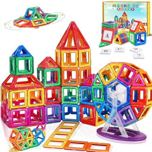 Magnetische Bausteine 95 Stück,Magnete Kinder Spielzeug ab 3 4 5 6 7 8 Jahre Junge Jungen Mädchen Magnetbausteine Magnetspiel mit Buchstaben,Zahlen und Riesenrad，Geburtstagsgeschenke für Kinder