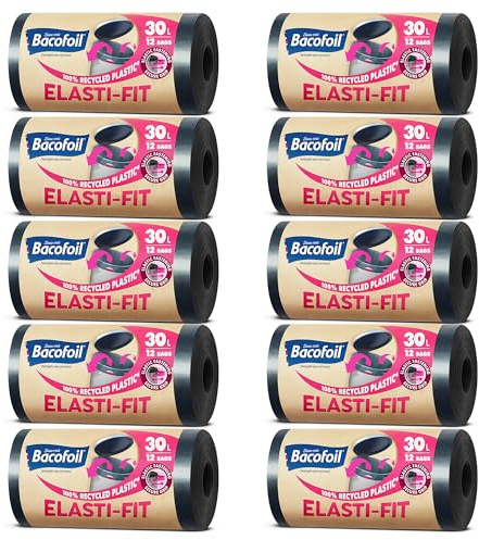 Bacofoil Elasti-Fit Bin Liners with Drawstring Handles 30L - Leak-Proof Bin Bag with Elastic Fastening for a Secure Fit (10 Rolls, 120 Bags)…