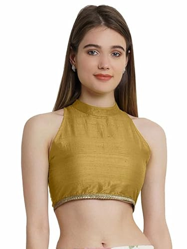 The India's Store Indian - Blusa corta sin mangas con costuras de seda para mujer, estilo étnico, cuello halter, beige, 50