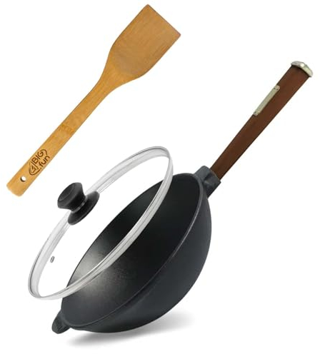 4BIG.fun Sartén Wok Ø24 cm 2,2 L de hierro fundido con mango de madera tapa de cristal Asia Wok sartén inducción sartén espátula