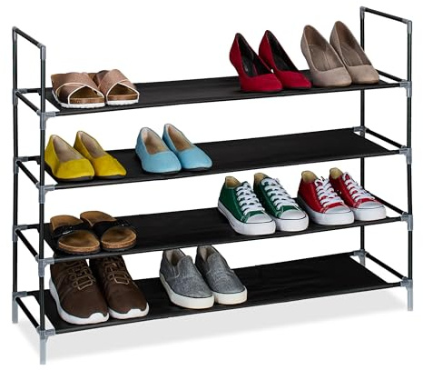 Relaxdays Schuhregal, 4 Ebenen, HBT: 75x100x28 cm, Metall Schuhablage, Stoff Ablage, Schuhgestell, schwarz/transparent
