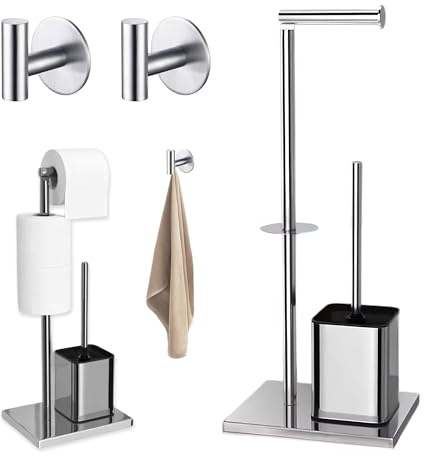 Portarrollos Papel Higienico - Soporte Papel Higienico de Pie con Escobillero + 1 (UN) Gancho Adhesivo para Pared - Porta Rollos de Papel Higienico Acero Inoxidable sin Taladrar para Baño (Plata)