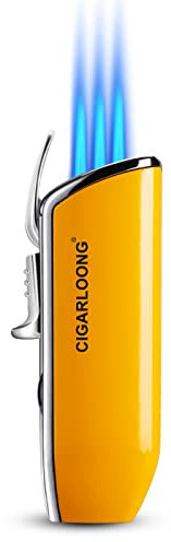 CIGARLOONG Cigar Lighter with Cigar Punch3 Jet Torch Flame Refillable Windproof Alloy Lighter Gift Box,Without Gas(Color:Yellow)