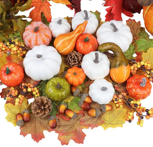 Fangoo 110 PCS Décorations Citrouille d'automne Décorations Halloween Thanksgiving Feuilles Automne Artificielles Mini Gourde Feuille d'Erable Pinecone Glands pour Déco Mur Table Salon