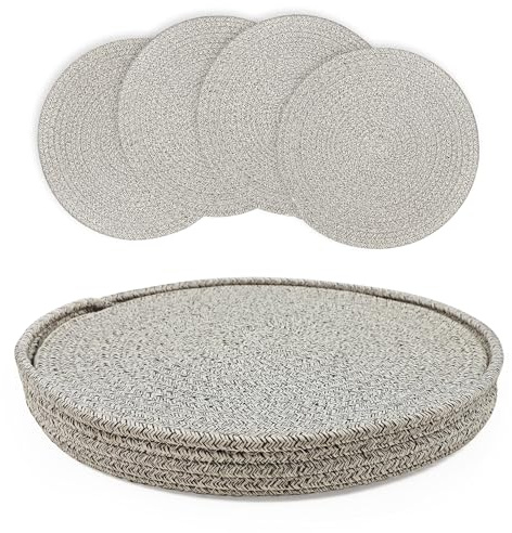fanquare Tovagliette in Corda di Cotone Intrecciata Set di 4 Tappetini da Tavolo Intrecciati Marroni 33cm Tovagliette in Cotone Resistenti al Calore con Supporto per Cucina Sala da Pranzo