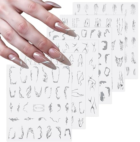 Giantree 6Blatt Silber Abstrakte Linie Nagel Sticker, Silber Nagelsticker, Nagelsticker Marmor Linie Nagelsticker Selbstklebend DIY Nail Art Sticker Zubehör für Damen Weihnachten Nagelkunst Dekoration