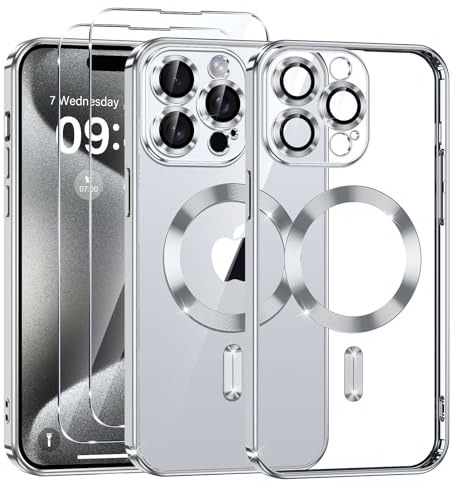 Phoona Cover Placcatura per iPhone 15 Pro 6,1 Pollici, Obiettivo per Fotocamera Protezione Completa e 2 × vetro temperato, Compatibile con MagSafe Ricarica Wireless, Protezione Militare, Argento