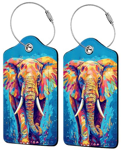 Gepäckanhänger aus Leder für Koffer, Gepäckanhänger mit Schlaufe, für Damen, Mädchen, Herren, Jungen, Reisegepäck, Koffer, bunt, Elefant, 2 Stück
