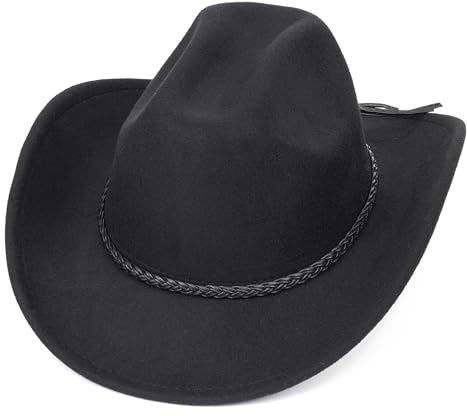 Klassischer Western-Cowboyhut für Damen, aufrollbar, breiter Rand, Filz-Fedora-Hüte, Cowgirl-Hut mit Gürtelschnalle, Größe M / L, Modern-Schwarz, M