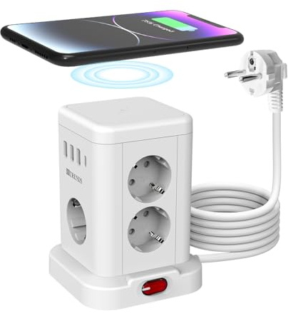 HITRENDS 7 Fach Steckdosenturm mit 3 USB-A & 1 USB-C, Steckdosenleiste Turm mit kabellosem Laden 5W, Mehrfachsteckdose mit Schalter Stromschutz, 3680W/16A, 2M Kabel, für Büro & Zuhause, Weiß