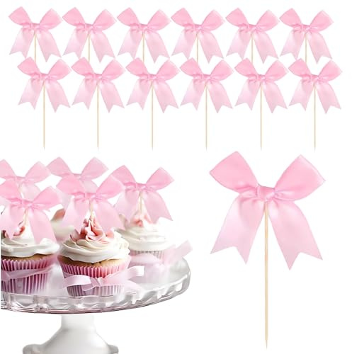 24PCS Pink Bows Cupcake Toppers, 8x8cm Satin Ribbon Bows, Pink Cake Decorations for Wedding, Birthday & Girls' Party, Princess Cake Toppers