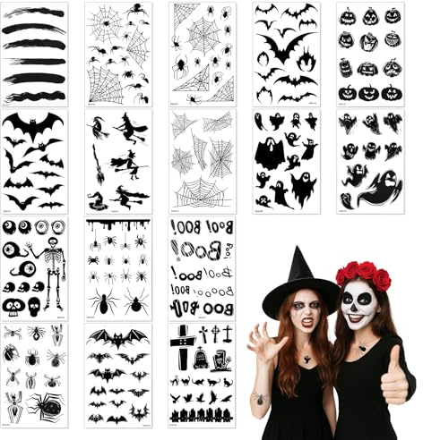 16 Blätter Temporäre Halloween-Tattoos, Spinnennetz Spinne Fledermaus Kürbis Tattoo Aufkleber für Gesicht und Körper für Erwachsene und Kinder Halloween-Party Cosplay