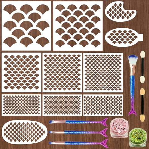 11-teilige Meerjungfrau-Mustervorlage, 4 Make-up-Pinsel, 2 Flaschen Glitzer, Meerjungfrau-Zubehör, Make-up-Pinsel für Frauen, Gesichtswerkzeuge, geeignet für Bühnen- und Charakterporträts