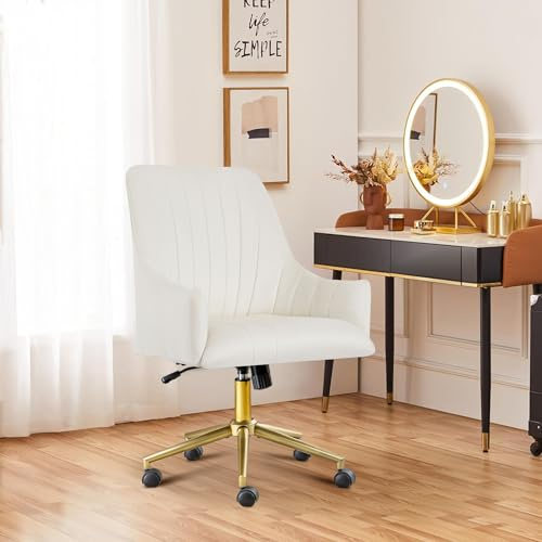 WOLMICS Schminktisch Stuhl Höhenverstellbar Drehstuhl Mit Rollen，Bürostuhl Bis 200 kg Belastbar，Samtstuhl Schreibtischstuhl Mit Armlehnen Für Schlafzimmer/Arbeitszimmer，Cream