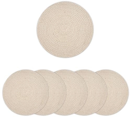 Encasa XO Manteles Individuales Juego de 6 | Manteles Redondos de Algodón - Diámetro de 33 cm | Mezcla de Beige y Blanco Roto | Estilo Acanalado Hecho a Mano