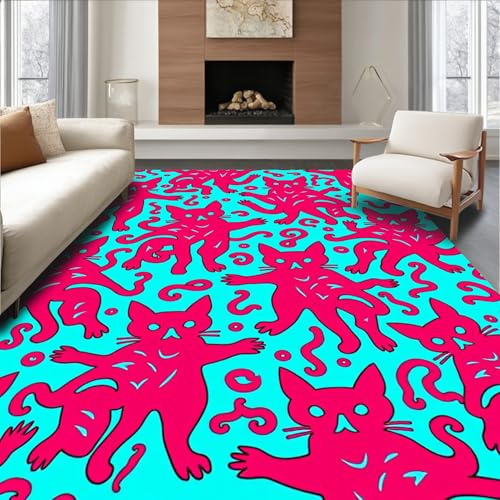 Design&I Flatwoven Area Rug 3x5 ft, Playful Cat Motif Needle Punch DIY Project with Threading Accessories, Machine Washable, Stain Resistant Indoor Rug for Living Room, Bedroom, Non Slip Decor