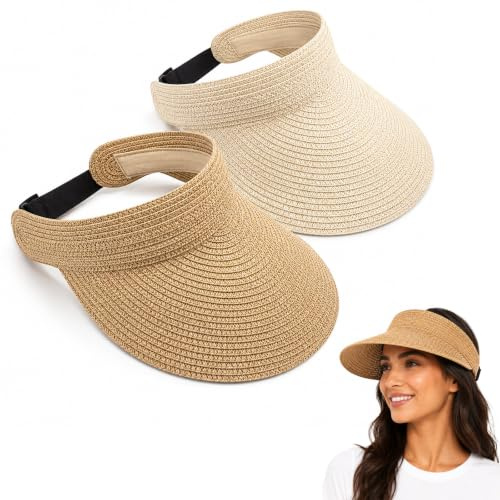 2Pcs Sun Visors for Women, Foldable Straw Visor Hats for Beach & Travel