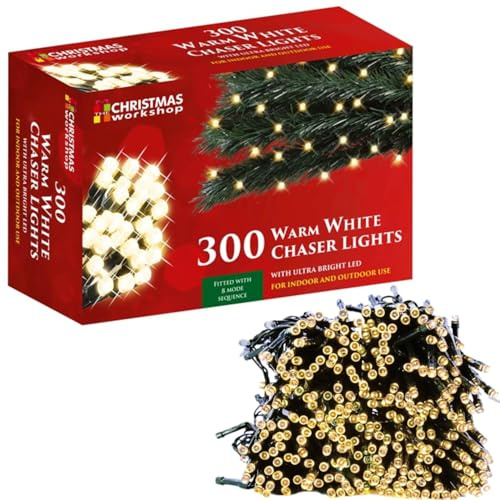 The Christmas Workshop 71950 300 Warm White LED Chaser Christmas Lights/Indoor or Outdoor Fairy Lights / 20.9 Metres / 8 Light Modes/Great for Christmas, Weddings & Gardens