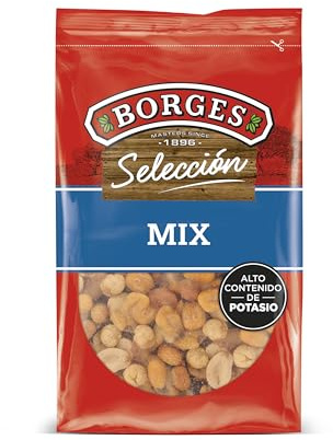Borges - Mezcla de Frutos Secos Fritos Selección Borges - Cacahuetes con y sin Piel, Maíz, Habas y Garbanzos Tostados - Fuente de Proteínas - Sin Gluten, Sin Aceite de Palma, Vegano - Paquete 350g.