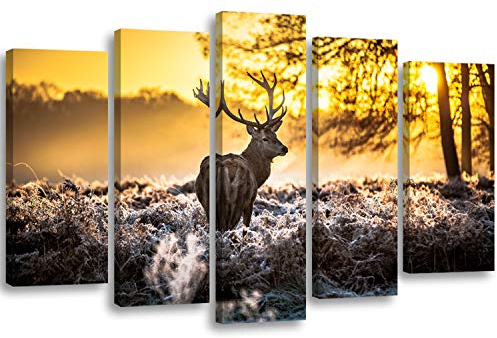 Feeby Bilder Hirsch Wald Nebel XXL 200x100 cm 5 Teilig Wohnzimmer Schlafzimmer Modern Wandbilder Leinwandbilder Bild auf Leinwand Kunstdruck Wanddeko Design Sonnenuntergang Landschaft Natur Orange