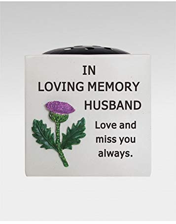 Husband Thistle Memorial Flower Vase - Square Rose Bowl - Grave Plaque Tribute Ornament